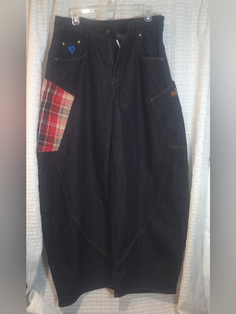 Aelfric Eden Black Baggy Wide Leg Jeans Embroidered Plaid Pocket 32x30 Y2K
